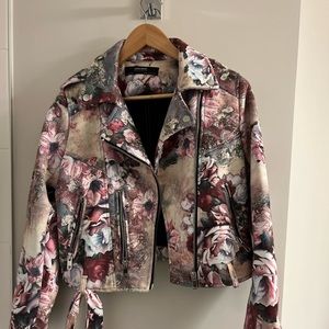 Suede Rose Printed Biker Jacket